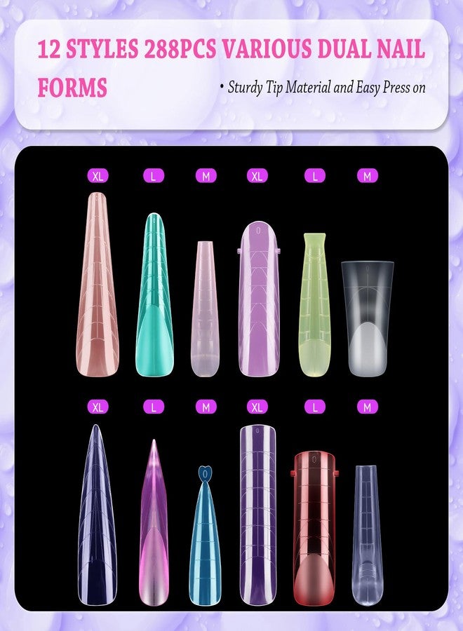 Outopen 288pcs Long Mixed Dual Nail Forms Clear Multicolor Full Cover Nail Art Mold with Scale for Polygel Extension Beginners DIY Manicure 12 Styles Long Duck Stiletto Square Almond Mixed Nail Forms - Image 4